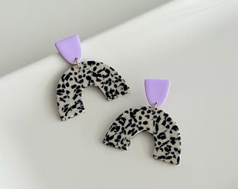 Dalmatian Terrazzo Dangle Earrings, Lilac & Beige, Modern Minimalist