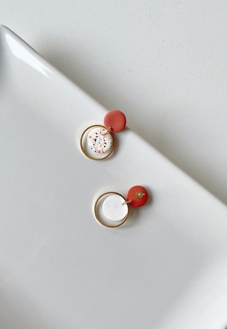 Earrings small minimalist elegant terracota with terrazzo pattern circle with gold ring surgical stainless steel-Kalua Gold EstudioKoaShop image 5