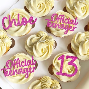 Personalised 13th Birthday Cupcake Toppers, Official Teenager Cake Topper, Name and Age Cake Topper