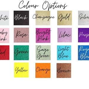 May include: A grid of color swatches with the text "Colour Options" at the top. The swatches display various colors, including white, black, champagne, gold, silver, baby pink, rose, bright pink, lilac, purple, red, green, sage green, light blue, royal blue, yellow, orange, and brown.