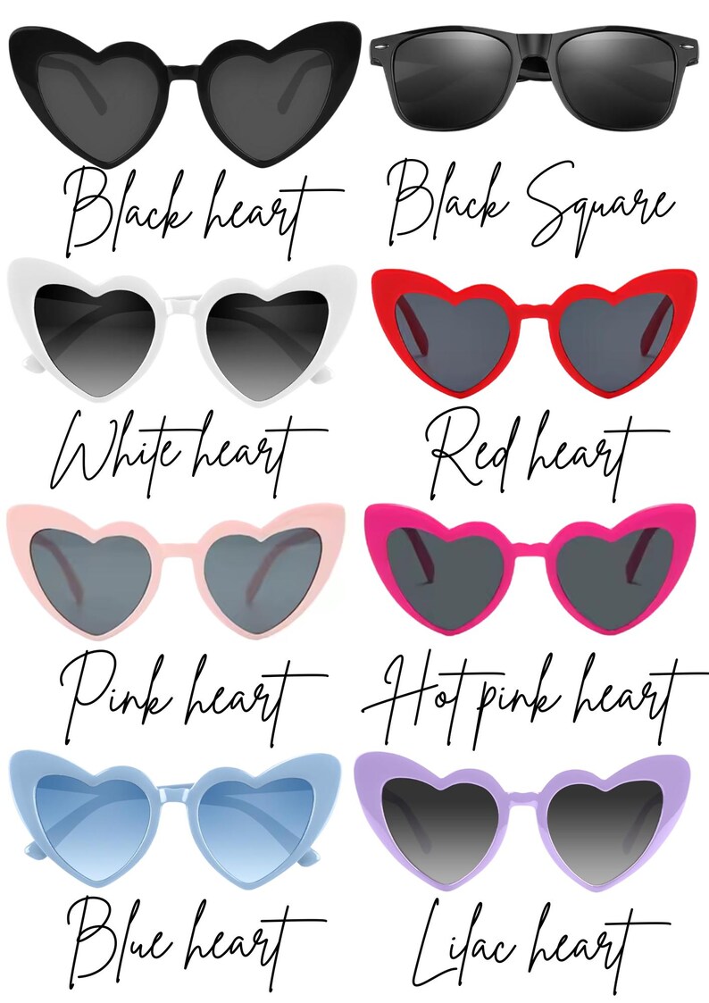 May include: A collection of sunglasses in various colors and styles. The image showcases heart-shaped sunglasses in black, white, red, pink, hot pink, blue, and lilac. There is also a pair of black square sunglasses. Each pair has dark lenses.