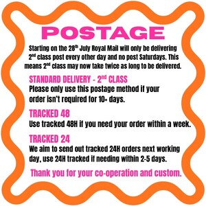 May include: An orange and white graphic with the word "POSTAGE" in pink. The text explains Royal Mail delivery changes, including 2nd class post delays and tracked options: 48H for within a week, and 24H for 2-5 days.