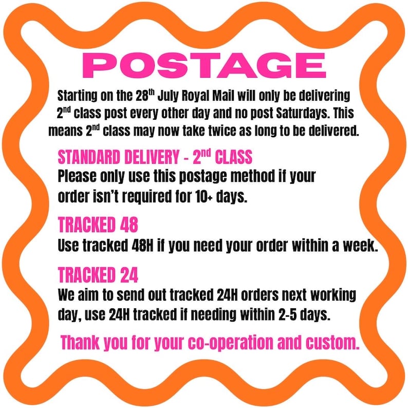 May include: An orange and white graphic with the word "POSTAGE" in pink. The text explains Royal Mail delivery changes, including 2nd class post delays and tracked options: 48H for within a week, and 24H for 2-5 days.