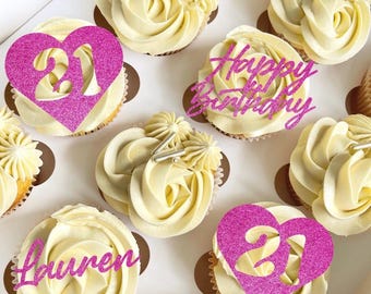 Personalised Age and Name Heart Cupcake Toppers, Happy Birthday Cake Toppers, 21st, 30th