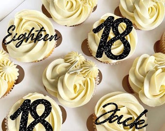 Personalised 18th Birthday Cupcake Toppers, Eighteen Toppers, Name and Age Cake Topper, Happy Birthday