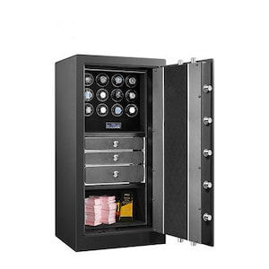 May include: A black safe with the door open, revealing multiple watch winders, drawers, and storage space. The safe has a digital display and a combination of silver and black hardware. Inside, there are stacks of pink bills and a bottle.