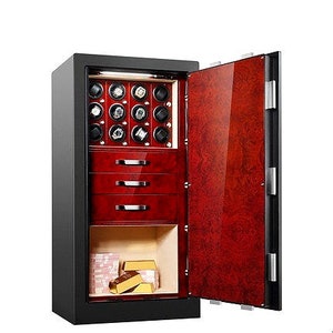 May include: A black safe with a red wood-grain door. The safe has a built-in watch winder with 12 slots and three drawers. The safe is open and the door is slightly ajar.