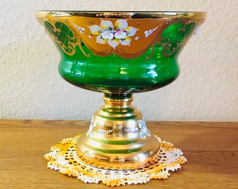 Vtg Bohemia Handmade Emerald Green Czech Punch Bowl Glass Cups  w/ Gold Enamel 