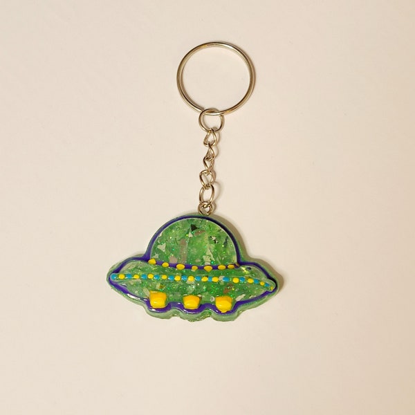 Hand-painted green, purple and yellow shattered glass UFO keychain