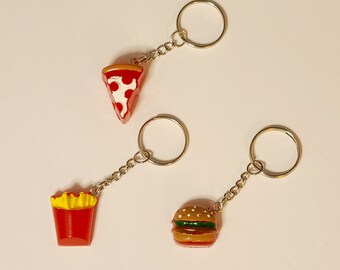 cute hand painted junk food keychains - burger, fries, and pizza
