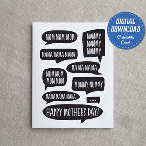 Printable Mother&#39;s Day Greeting Card, &quot;Mom Mommy Mama&quot; Speech Bubble Card, Downloadable Funny Family Guy Card – Digital Download A2