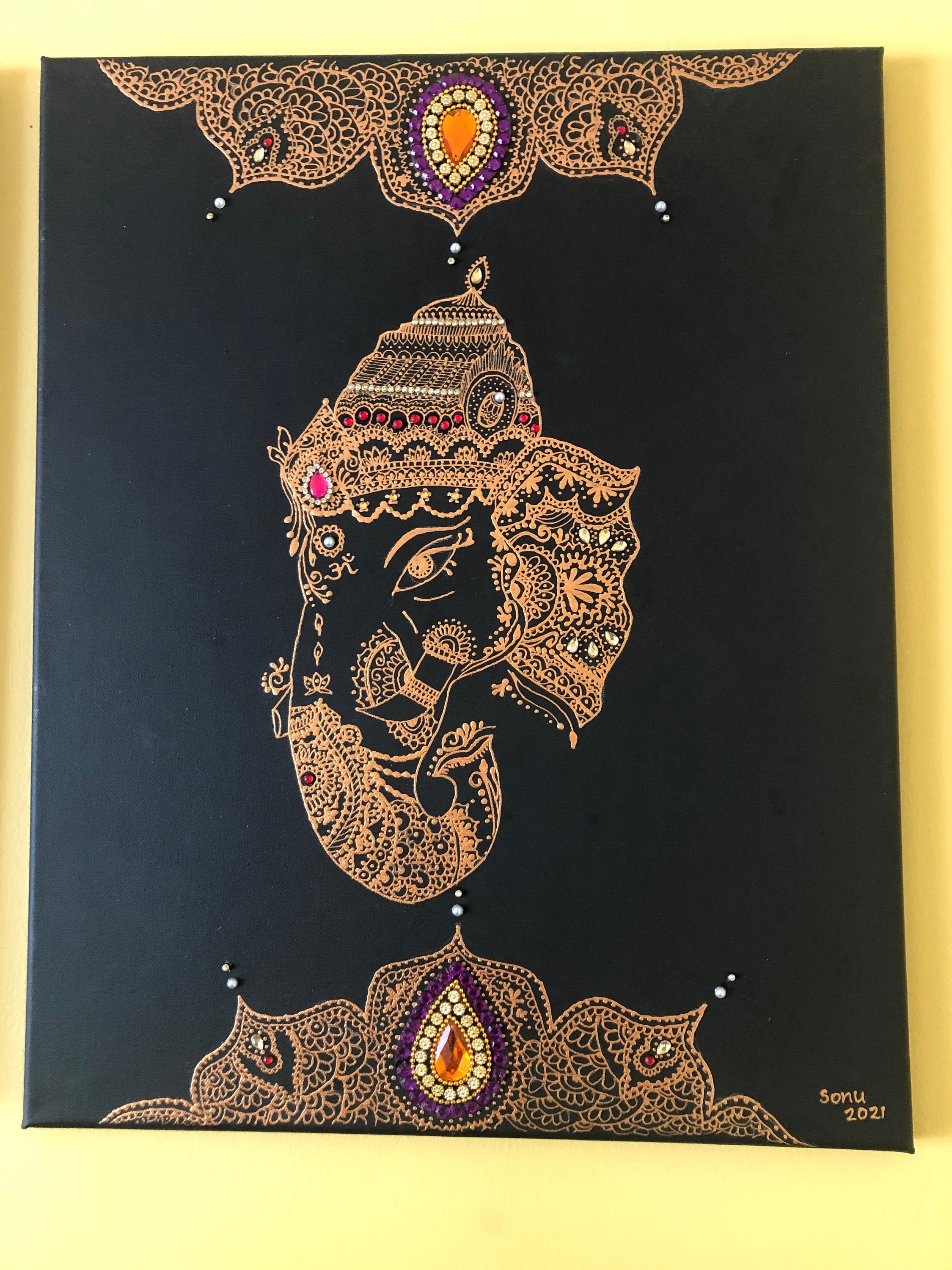 Henna Painted Ganesh on Canvas Etsy