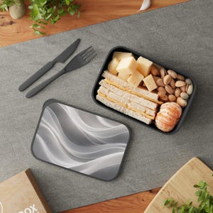 Abstract Grey Marble Waves PLA Bento Box with Band and Utensils | Eco Lunch Container