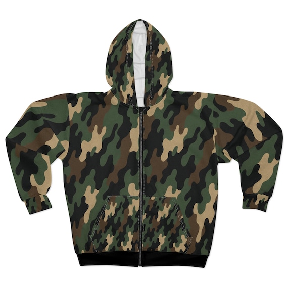 Camo Zip Hoodie: Unisex Military-inspired Polyester Streetwear - Etsy