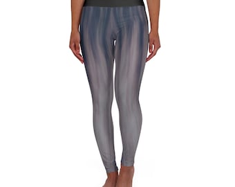 Calça legging de ioga de cintura alta com estampa abstrata de mármore azul e cinza.
