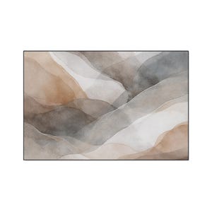 Puede incluir: Pintura abstracta de acuarela con formas fluidas y superpuestas en tonos marrón, gris y blanco. La obra de arte tiene un aspecto suave y texturizado, que se asemeja a un paisaje o formaciones naturales. El lienzo rectangular tiene un marco negro.