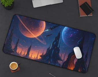 Alien Planet Landschaft Schreibtischmatte Sci Fi Weltraum Szene mit Planeten und Turmspitzen