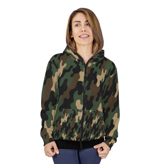 Camo Zip Hoodie: Unisex Military-inspired Polyester Streetwear - Etsy