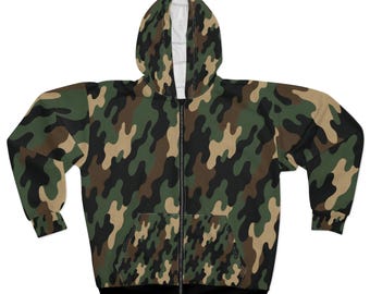 Camo Zip Hoodie: Unisex Military-inspired Polyester Streetwear - Etsy