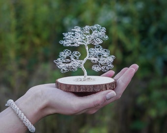 Mini wire tree on wooden disc silver - SIZE S - decorative bonsai made of wire, unique decoration - different variants