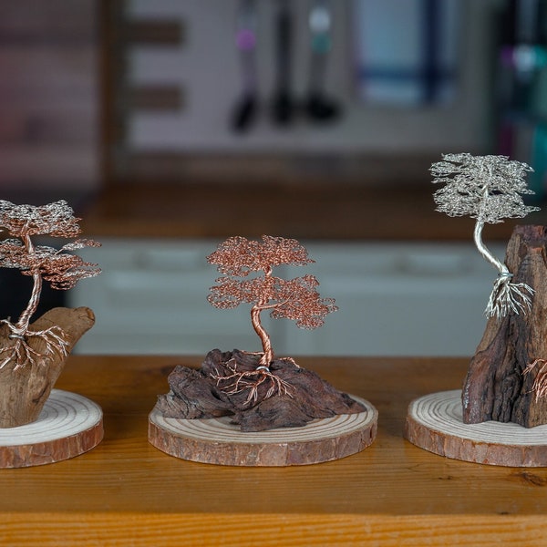 Mini Drahtbaum auf Baumwurzel - GRÖßE S - Deko Bonsai aus Draht, Unikat Dekoration - verschiedene Varianten