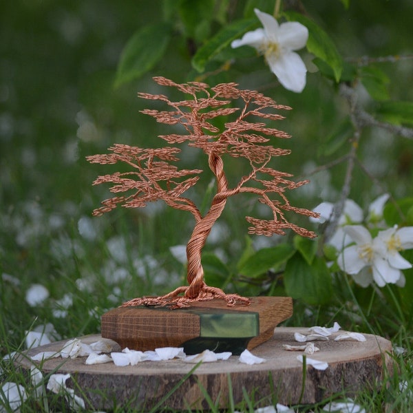 Wire tree with copper wire, various base colors, wire tree, decorative items tree, base made of oak and epoxy resin, bonsai