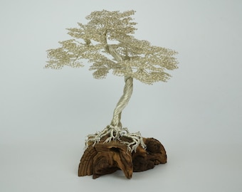 Unique piece made of wood and wire, decorative items wire tree, decoration wire tree on wood, driftwood, solid wood, wire tree, mini bonsai, bonsai made of wire