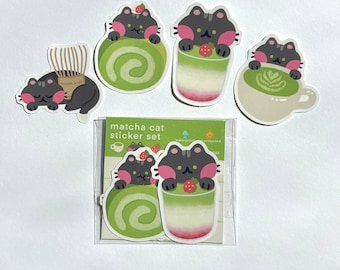 Matcha Black Cat-stickerset, 4 ontwerpen, waterdicht vinyl