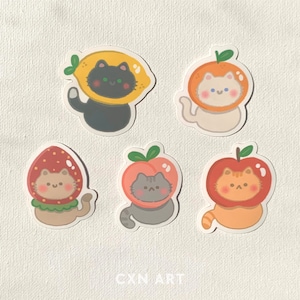 Juego de pegatinas de gato de frutas / impermeable, bullet journal, scrapbook, planificador, papelería, amigos por correspondencia, reciclable, computadora portátil, botella de agua, troquelado, deco