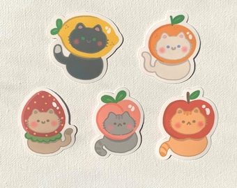 Fruit Cat Sticker Set, 5 fruit cats, Waterproof Matte Vinyl