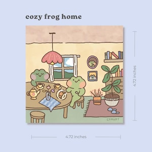 Cozy Frog Home Square Thick Art Print Postcard 4.72 inches x 4.72 inches, Illustration, Wall Decor, Stationery