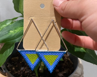 Triangle beaded earrings (opaque dark blue opaque blue and olive green)