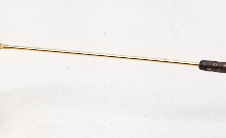 May include: A gold-colored metal arm of a pair of glasses with a brown leather tip.