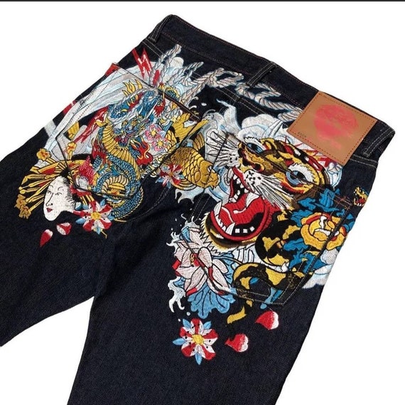 Ed Hardy Painted Denim Tiger Jeans Size 36 Button Fly Flashy Ed Hardy Painted Denim Tiger Jeans Size 36 Button Fly Flashy