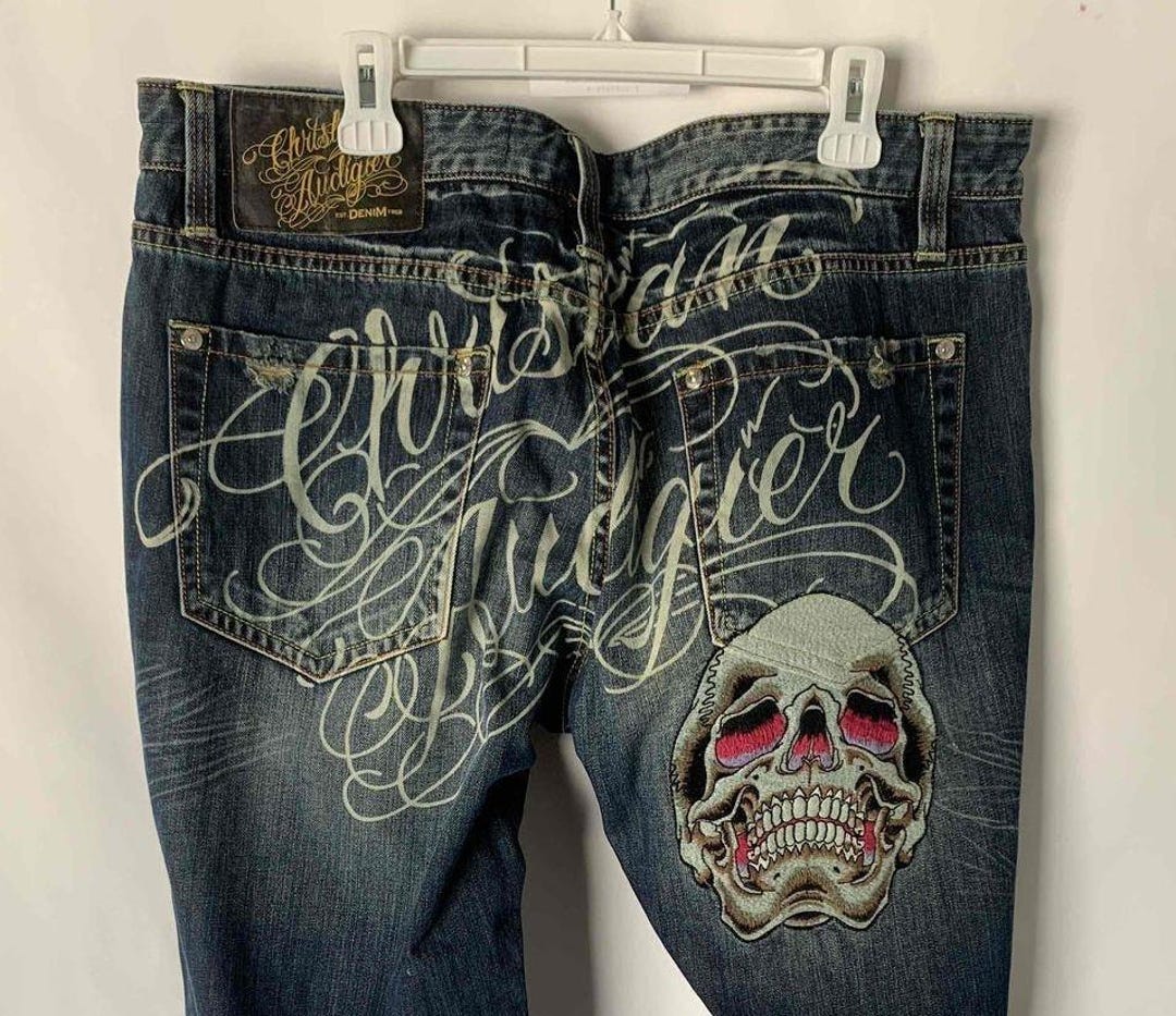 Christian Audigier スカル刺繍デニムパンツ Ed Hardy Jeans Christian Audigier Skull Rose Embroidered Tag