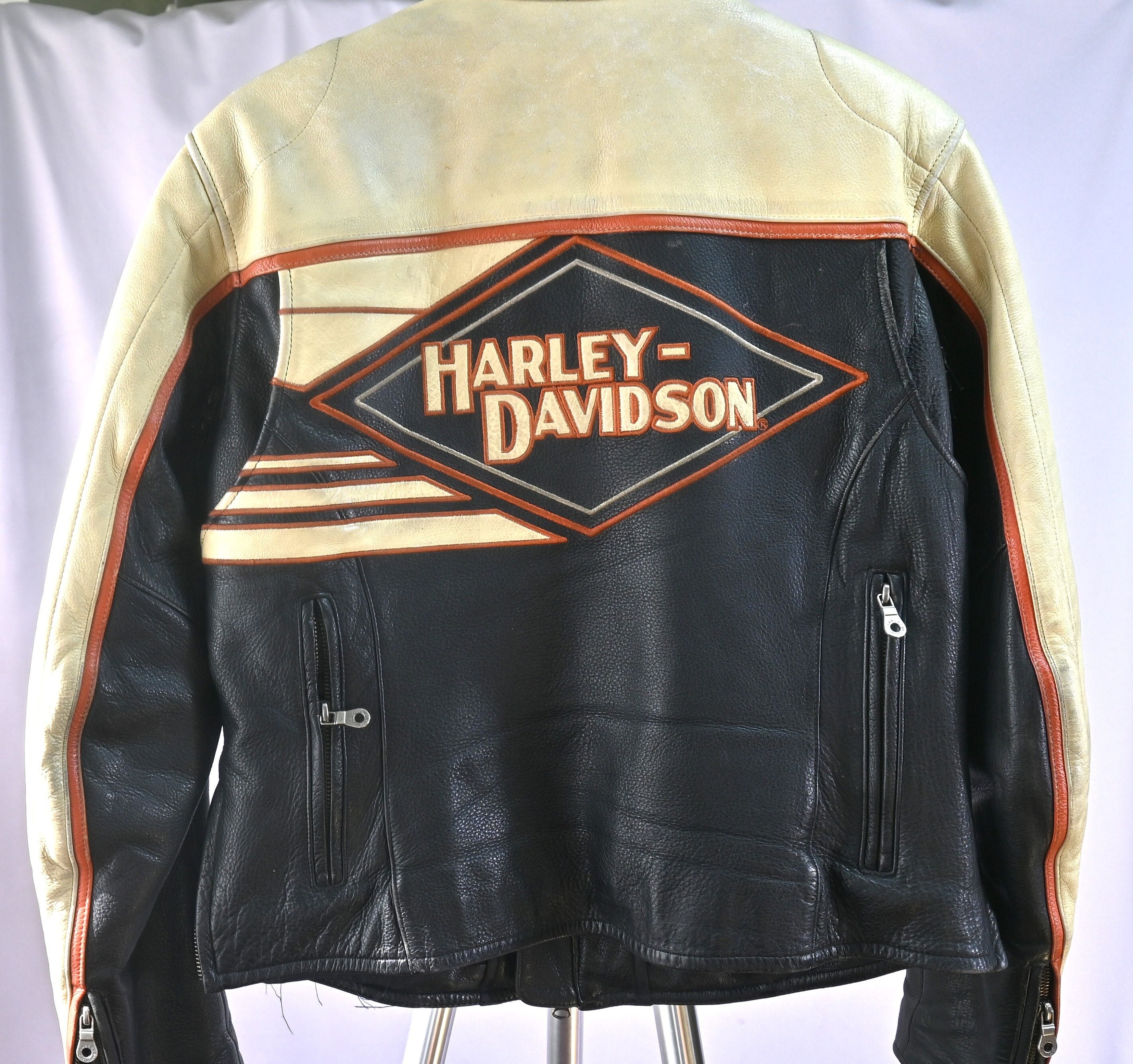 Harley Vintage Leather Men M Jacket Crean, Black With Orange