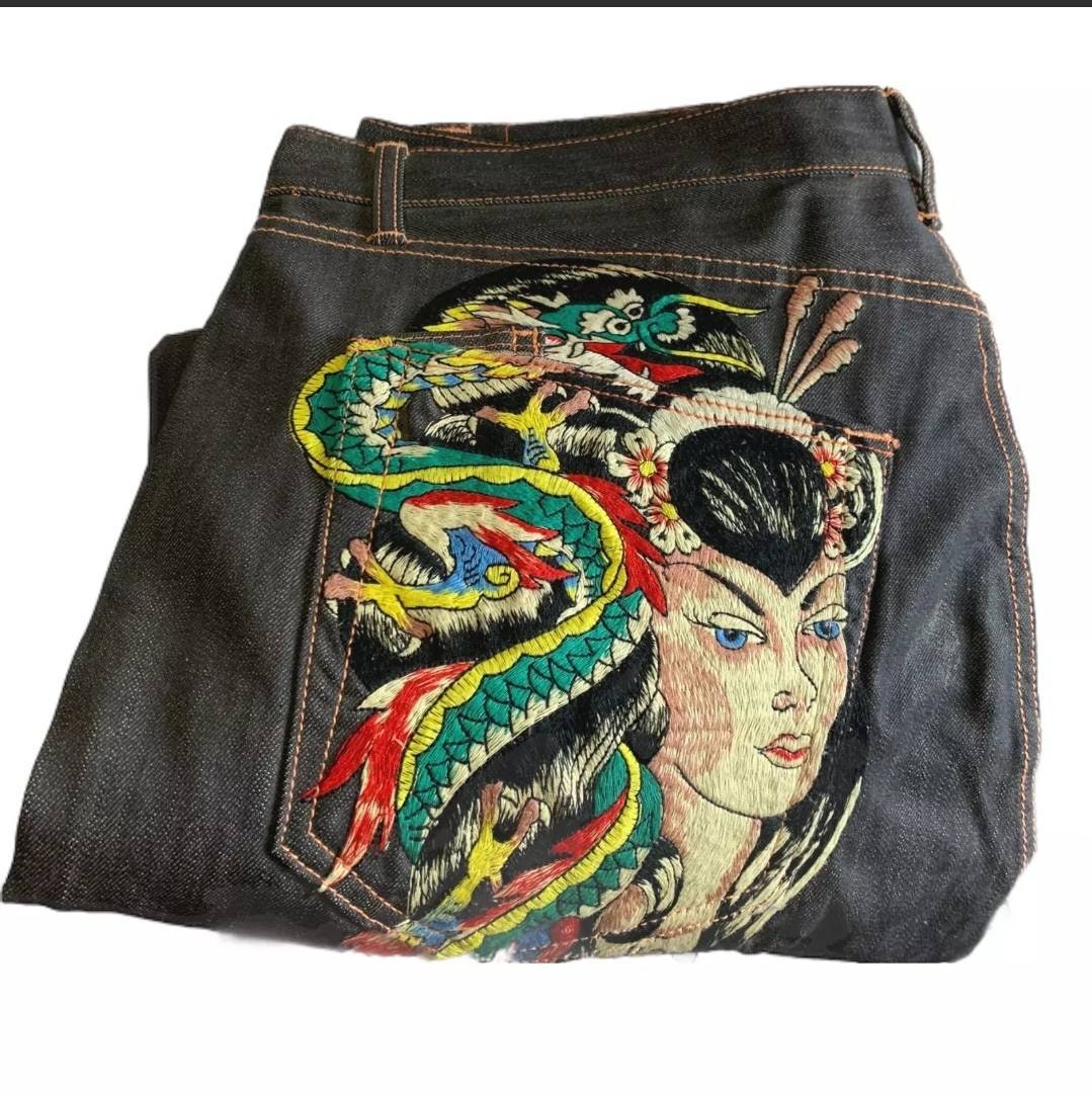 Ed Hardy Mens Jeans Dragon Lady Embroidered Straight Tag 42 - Etsy
