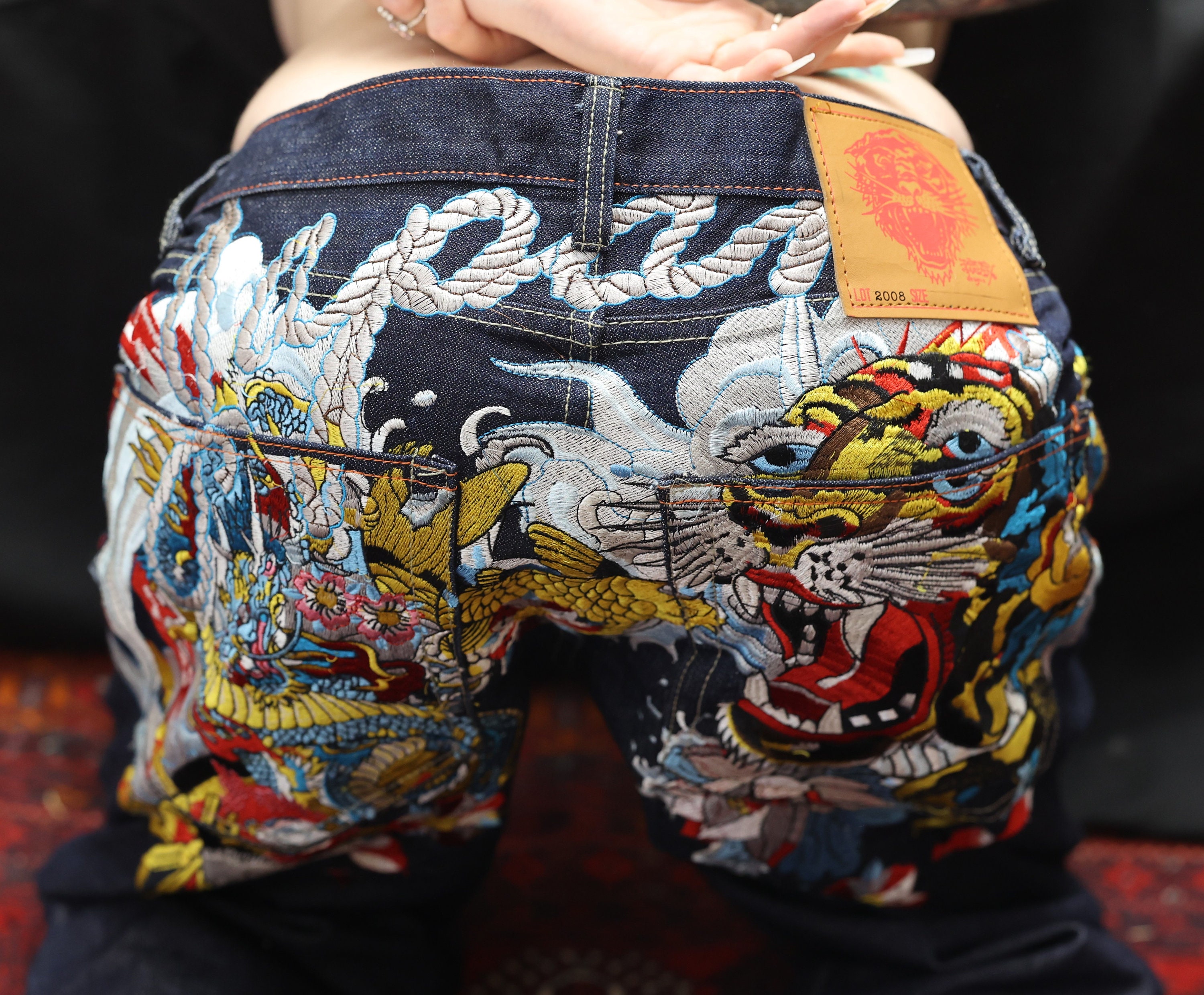 Ed Hardy Painted Denim Tiger Jeans Size 36 Button Fly Flashy Ed Hardy Painted Denim Tiger Jeans Size 36 Button Fly Flashy