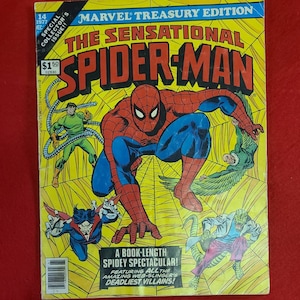 Puede incluir: Una portada de cómic vintage de "The Sensational Spider-Man" con Spider-Man en una pose dinámica. La portada es amarilla con ilustraciones de villanos y el texto "Marvel Treasury Edition" y "Special Collector's Issue!!".