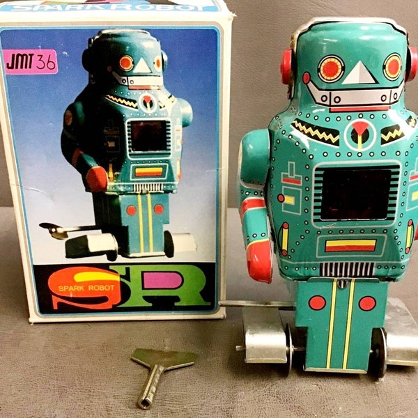 JMT 36 Tin Windup Spark Robot with Original Box!