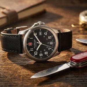 May include: A black-faced Victorinox Swiss Army watch with a silver case and black leather band. The watch features white numerals and hands, with a date display at the 3 o'clock position. A red and silver Swiss Army knife is also visible.
