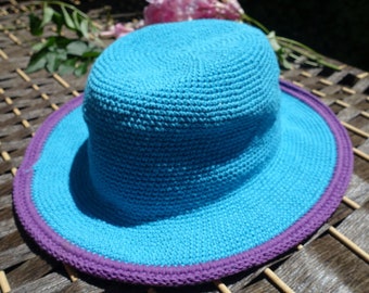 ADULTS LARGE Crocheted Cotton Turquoise & Purple Rim Sun Hat Bucket Hat