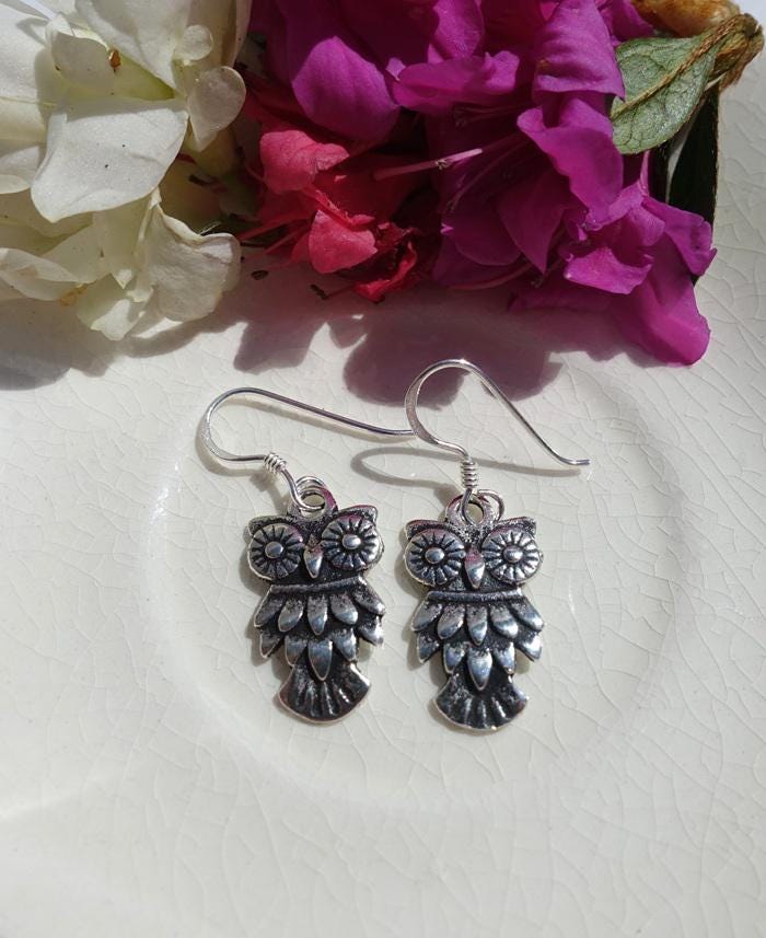 925 Sterling Silver Feathered Owl Earrings