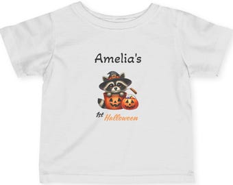 Personalized 1st Halloween Baby T-Shirt with Raccoon in Pumpkin - Halloween Baby Tee, Cute Toddler Halloween Outfit