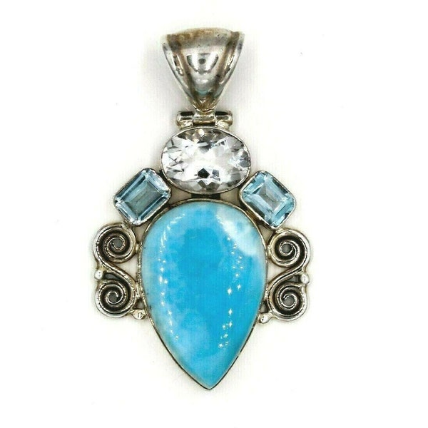 Sterling Silver Blue Larimar Topaz 3cts tw and Goshenite 4cttw Large Statement Fashion Pendant