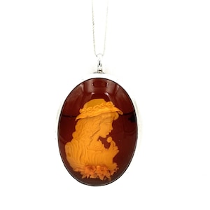 Vintage Estate 925 Sterling Silver Large Hand Carved Natural Genuine Amber Gemstone Cameo Female Portrait Bezel Convertable Pendant Bale 18g