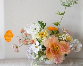 Mother's Day Gift, Peach, Yellow, White, Real-Touch Silk Floral Arrangement, Summer Centerpiece, Poppy, Peony, Artificial Flower Arrangement