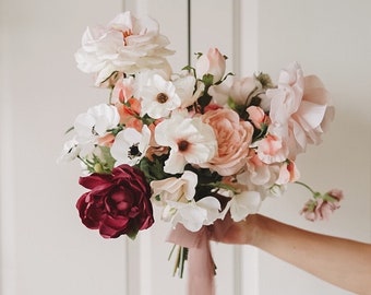 Mother's Day Gift, Peach, Coral, White, Real-Touch Silk Floral Bouquet, Summer Centerpiece, Wedding Bouquet, Artificial Flower Arrangement
