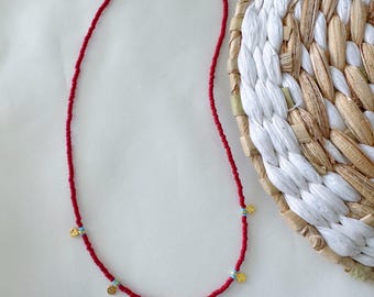 Red Beaded Necklace ,925 Sterling Silver, Turquoise Evil Eye Charm, Boho Summer Jewelry, Handmade Gift for Her