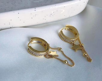 Créoles en argent 925, étoile pendante en plaqué or, zircon